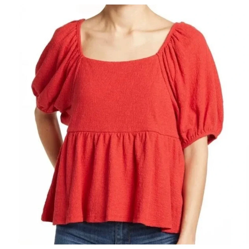 Madewell Red Square Neck Puff Sleeve Peplum Textured Blouse Top Medium Romantic